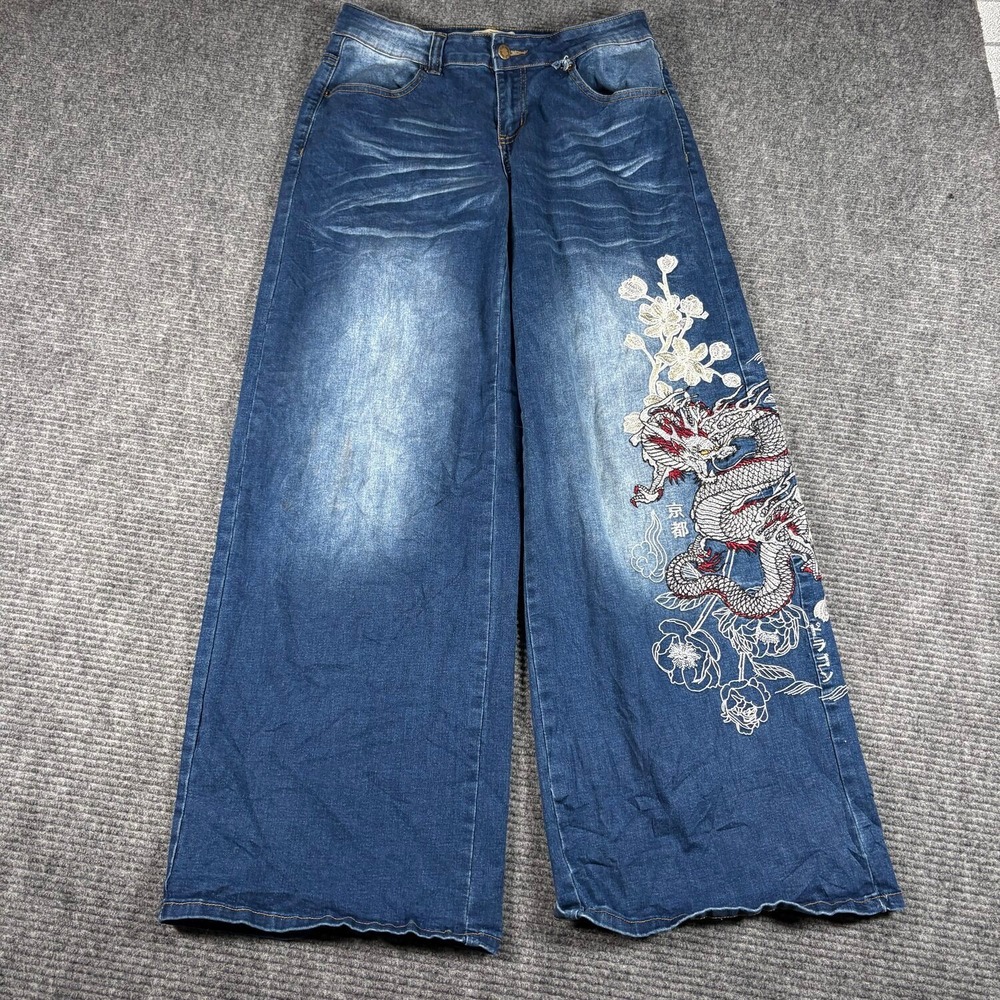 Sexy Fabulous Jeans Wide Leg Women Size 9 Blue Excellent Dragon Embroidered